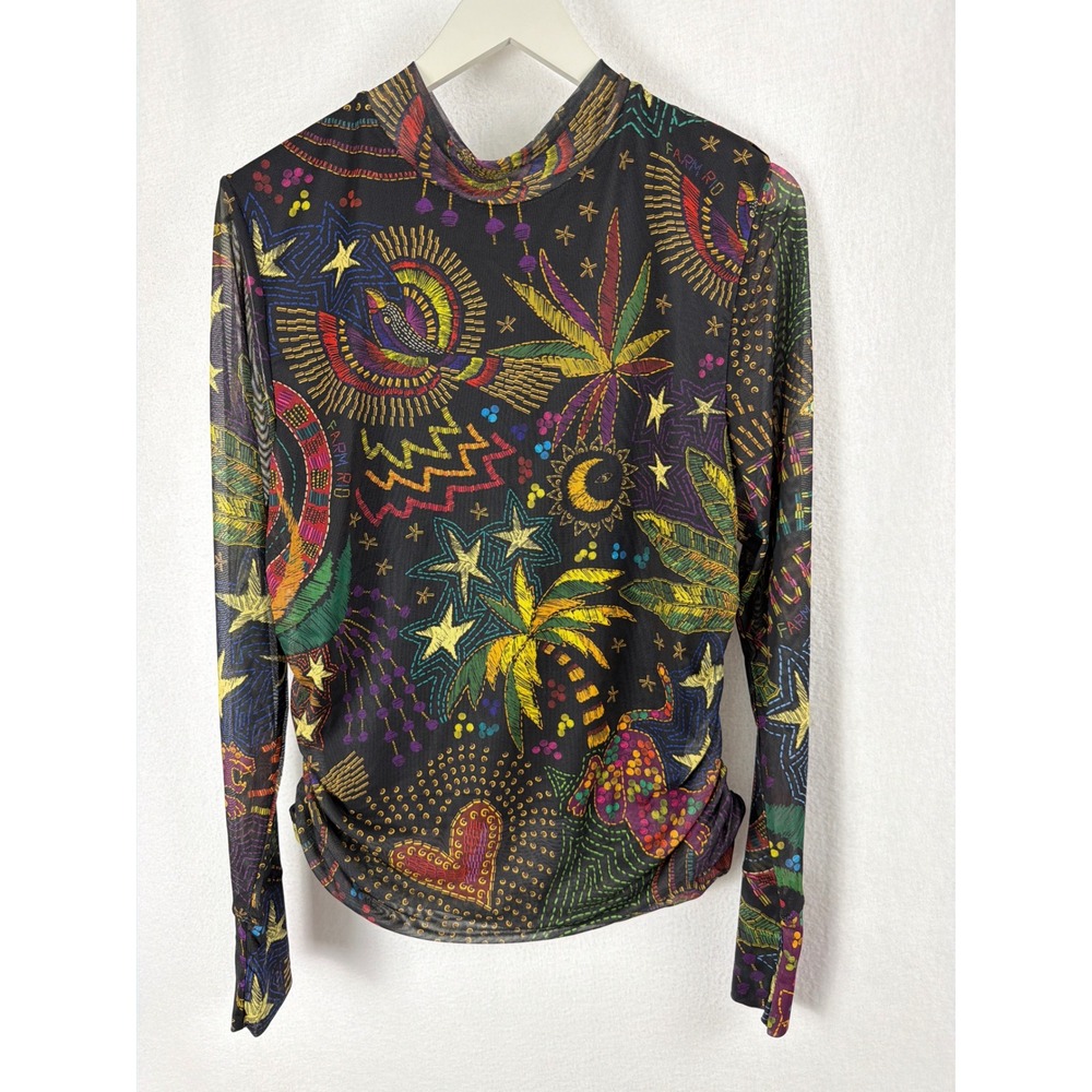 Farm Rio Black Tropical Mesh Mock Neck Long Sleeve Top XL Celestial Animal Funky